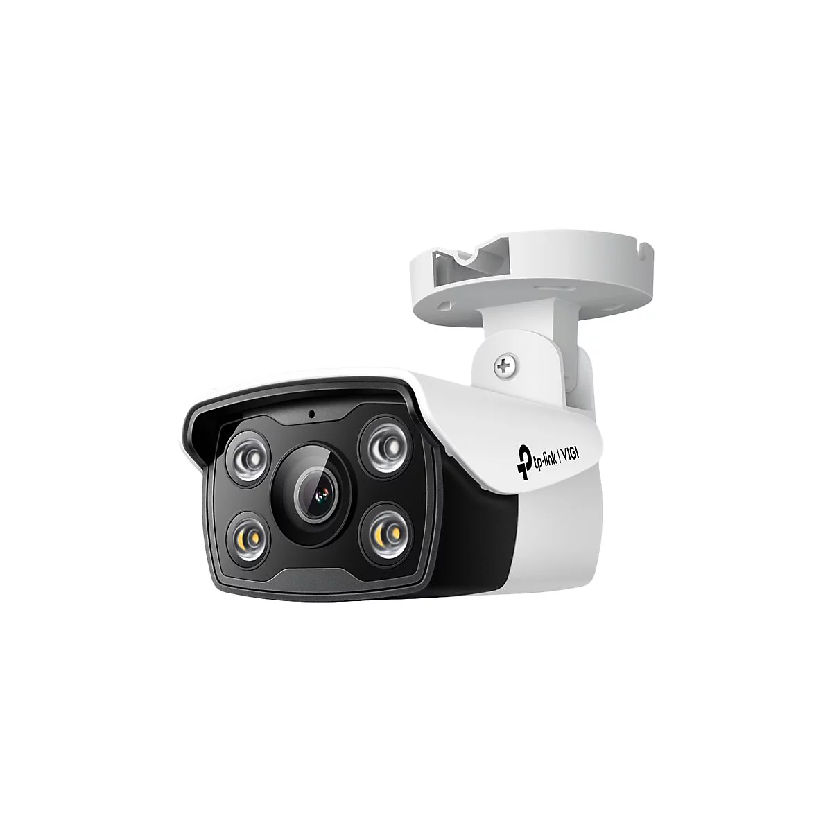 Caméra de surveillance tp-link VIGI blanche avec quatre lumières LED et un objectif. Sur fond blanc.