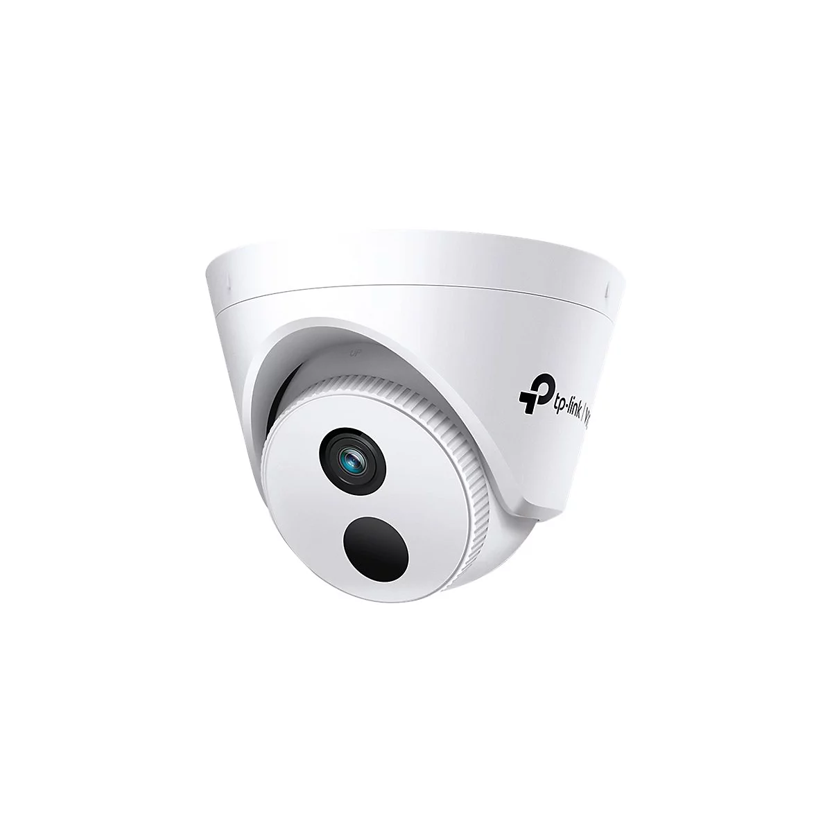 Weiße TP-Link VIGI Überwachungskamera im Kuppeldesign vor weißem Hintergrund.