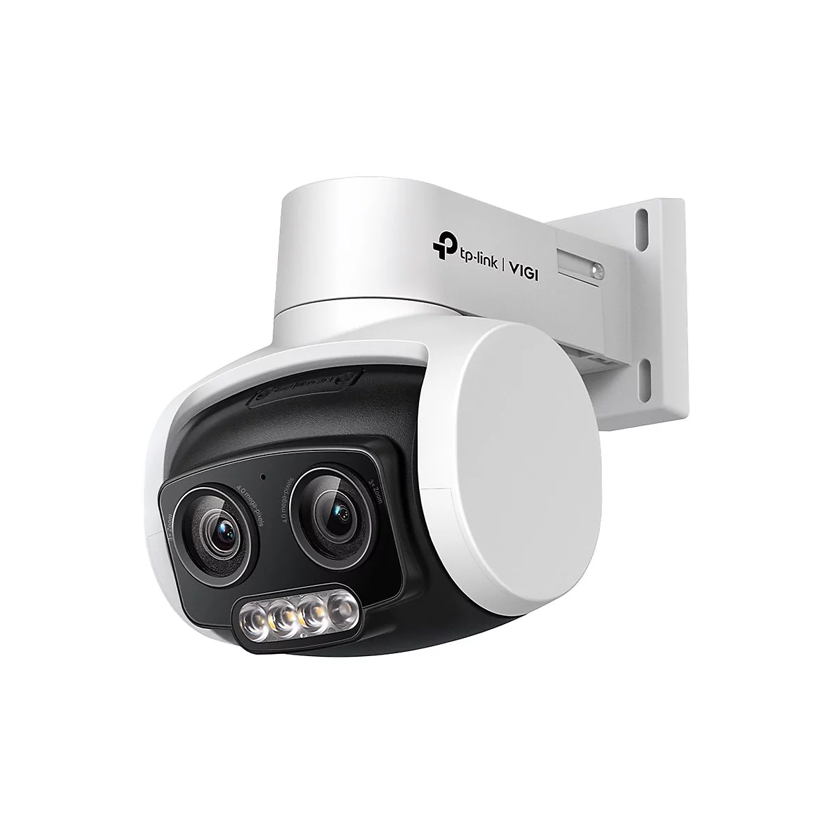 Une caméra de sécurité TP-Link VIGI blanche et noire, montée sur un mur. Comprend des lentilles, des LED et des logos.