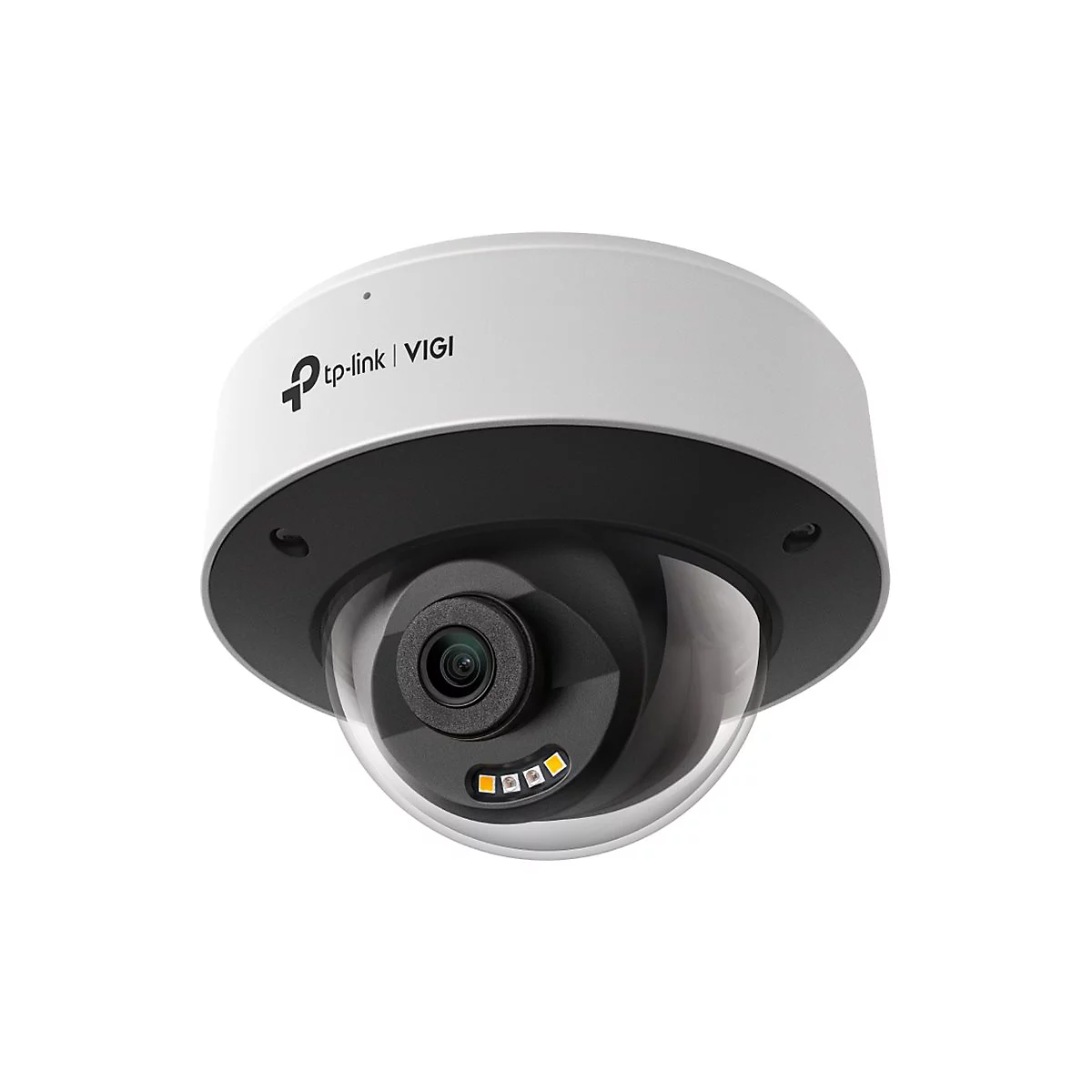 Caméra de surveillance TP-Link VIGI blanche, bord noir, dôme transparent, LED jaunes.