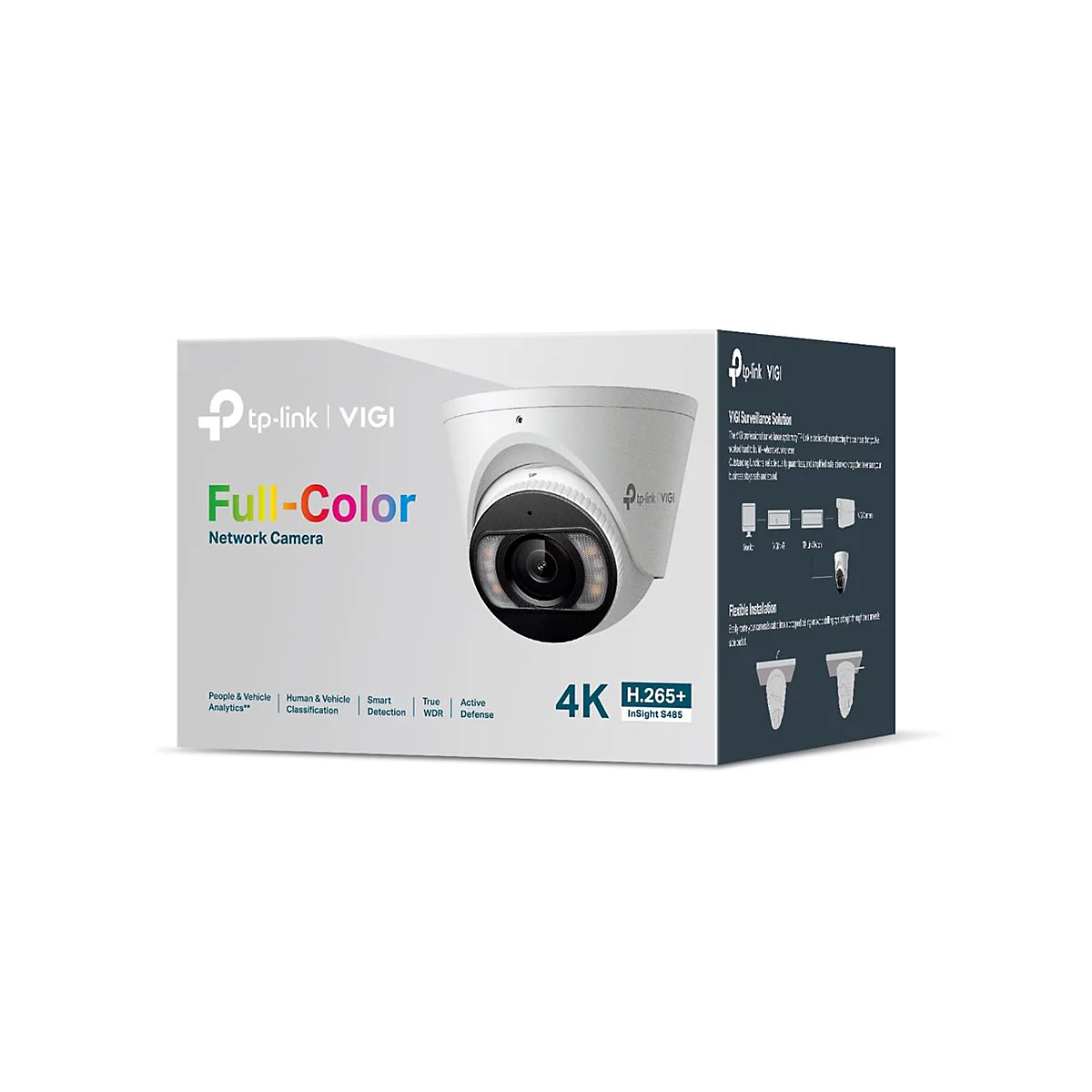 Überwachungskamera mit tp-link Logo, 'Full-Color' Schriftzug und technischen Details auf Verpackung.