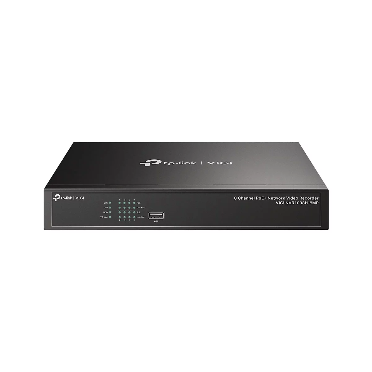Schwarzer Netzwerk-Videorekorder von tp-link, mit Indikator-LEDs und USB-Anschluss. Aufschrift: VIGI NVR1008H-8MP.