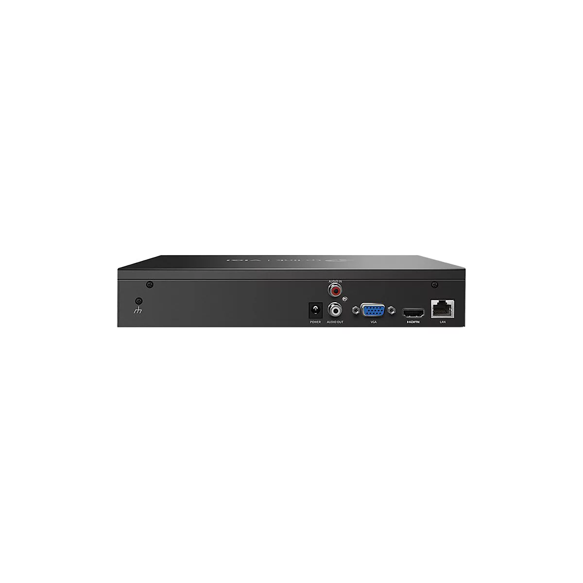 Rückseite einer schwarzen, rechteckigen Elektronikbox mit Anschlüssen für Strom, Audio, VGA, HDMI und LAN.