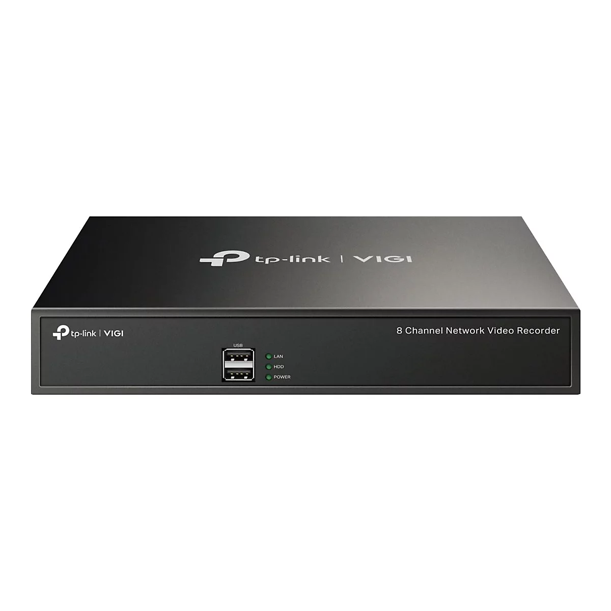 Schwarzer Netzwerk-Videorecorder mit Logo und Anschlüssen. Text: 8 Channel Network Video Recorder.