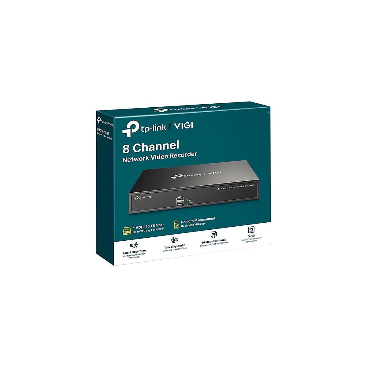 Produktverpackung für einen schwarzen TP-Link VIGI 8-Kanal Netzwerk-Videorekorder vor weißem Hintergrund.