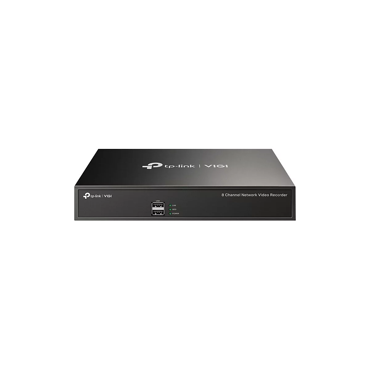 Schwarzer TP-Link VIGI 8-Kanal Netzwerk-Videorekorder vor weißem Hintergrund.