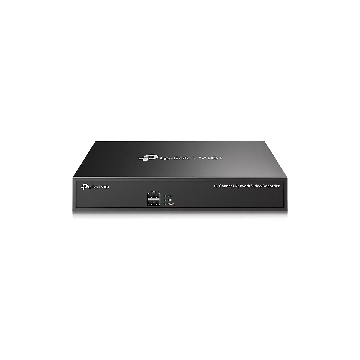 Schwarzer Netzwerk-Videorecorder von Tp-link, VIGI-Logo, USB-Anschlüsse, LED-Anzeigen, Text: 16 Channel Network Video Recorder.