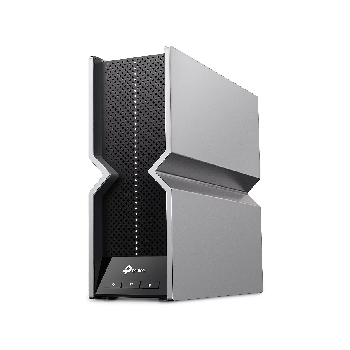 Grau-schwarzer Router mit schwarzer Lochmusterung. Unterseite mit Logo und Symbolen. Form ist kantig.