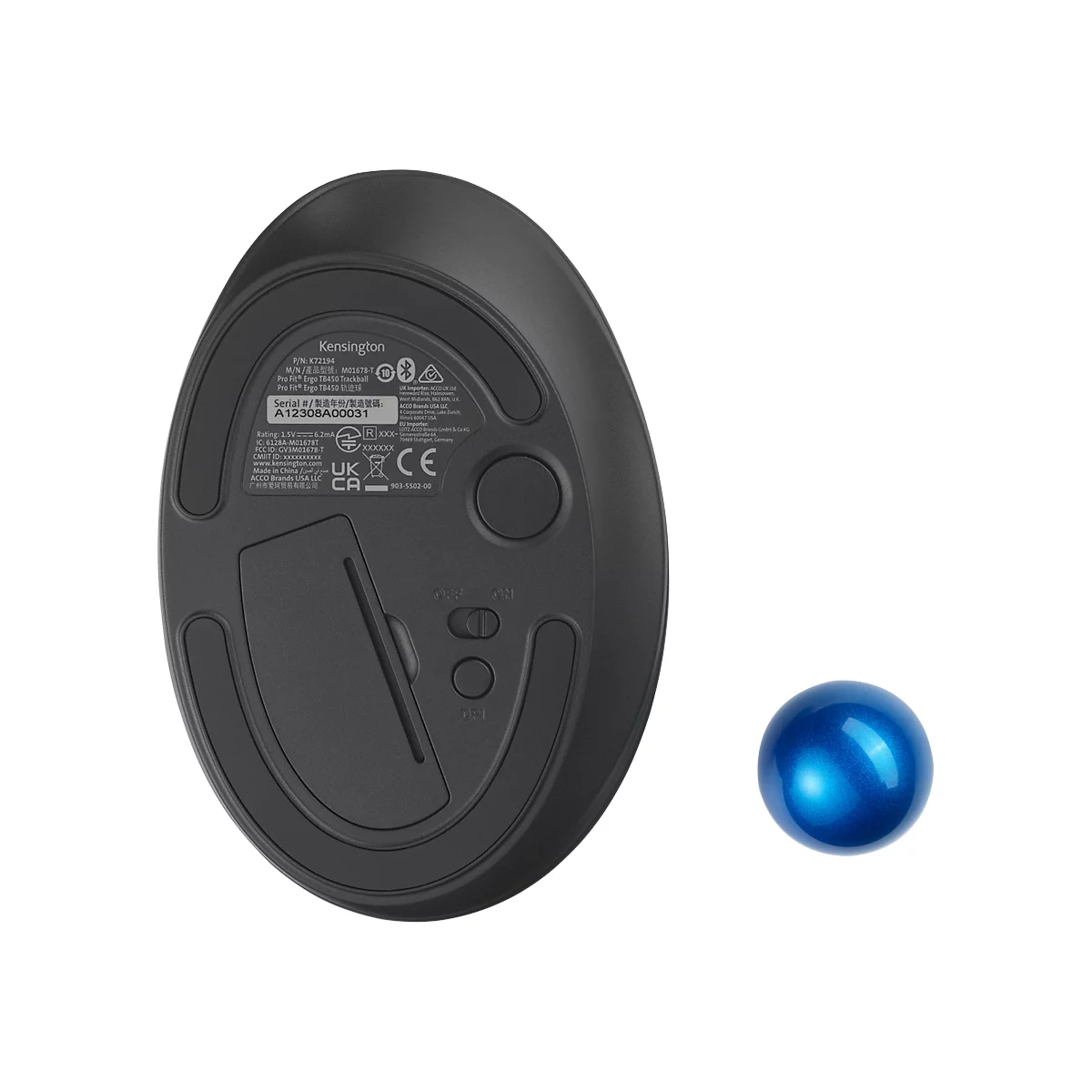 Trackball Kensington Pro Fit™ Ergo TB450, ergonomisch, kabellos, Batteriebetrieb, 400/800/1200/1600 dpi, PCR, grau-blau
