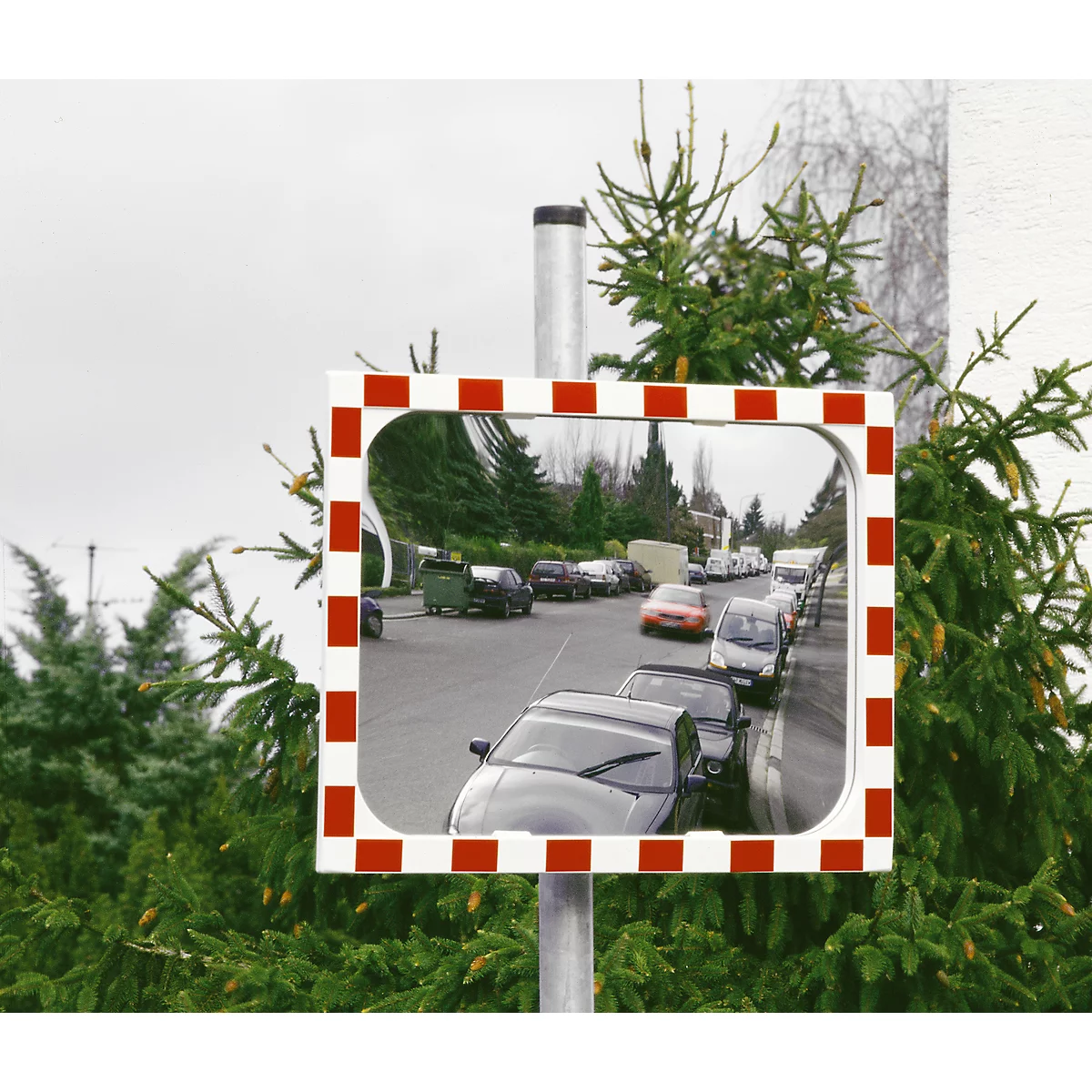 Mirror with a red and white checkered frame shows cars on the street. Fir trees surround the mirror.