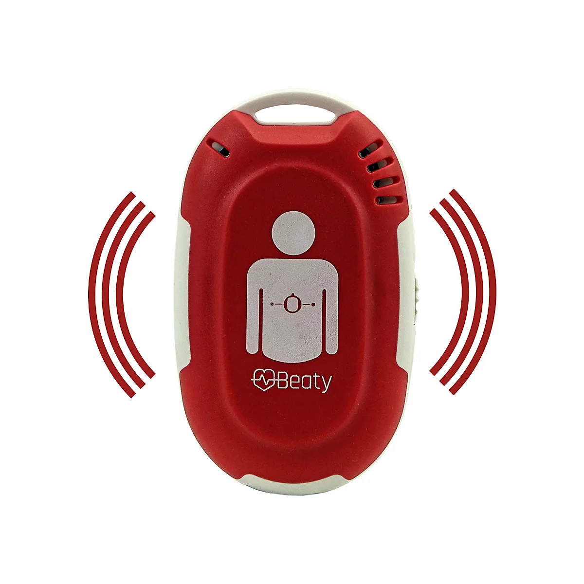 Rotes, ovales Gerät mit einer weißen Person auf der Vorderseite. Seitlich Wellen, Logo "Beaty".