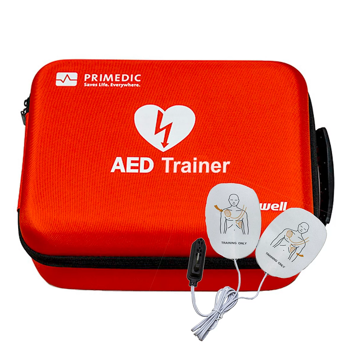 Rotes Erste-Hilfe-Trainingsset mit AED-Trainer-Aufschrift, Herz-Symbol mit Blitz und zwei Elektroden-Pads.