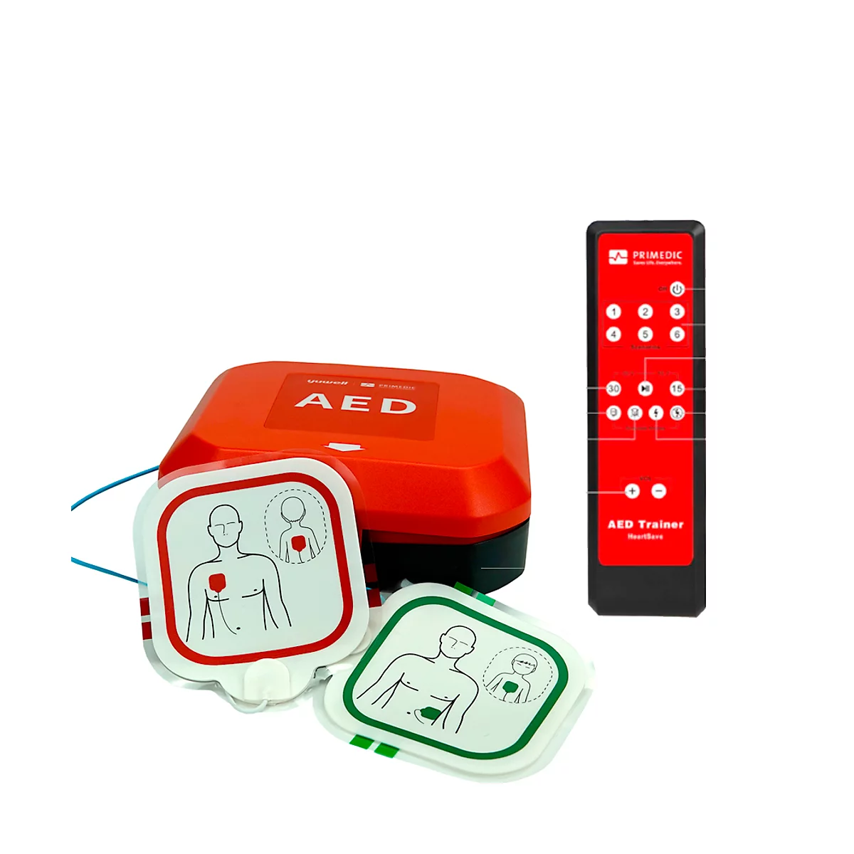 Ein rotes AED-Gerät mit Elektroden und Fernbedienung. Auf dem Gerät steht 'AED'. Elektroden zeigen Platzierung am Körper an.
