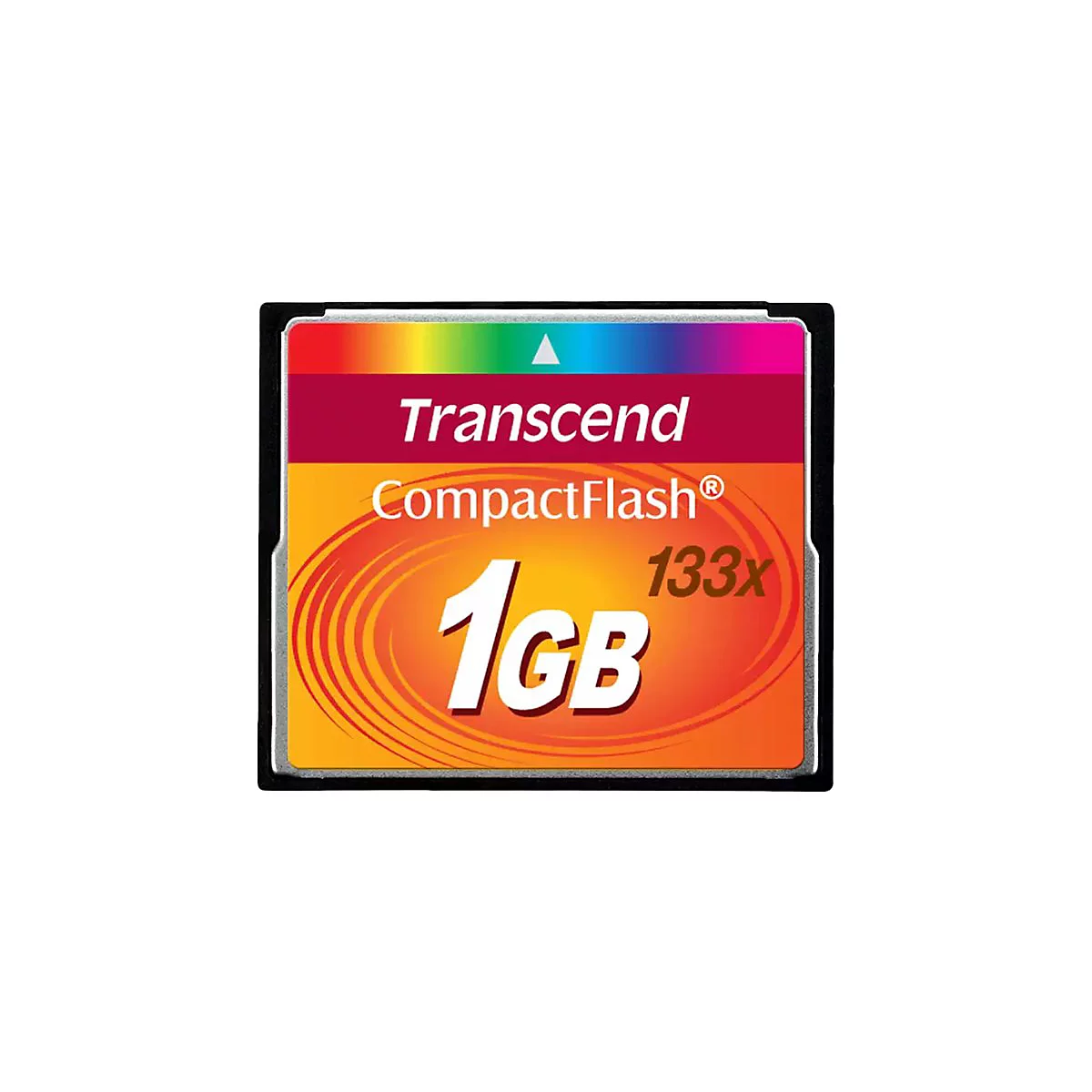 Carte CompactFlash Transcend. Inscription : "1GB", "133x". Couleurs : orange, rouge et violet.