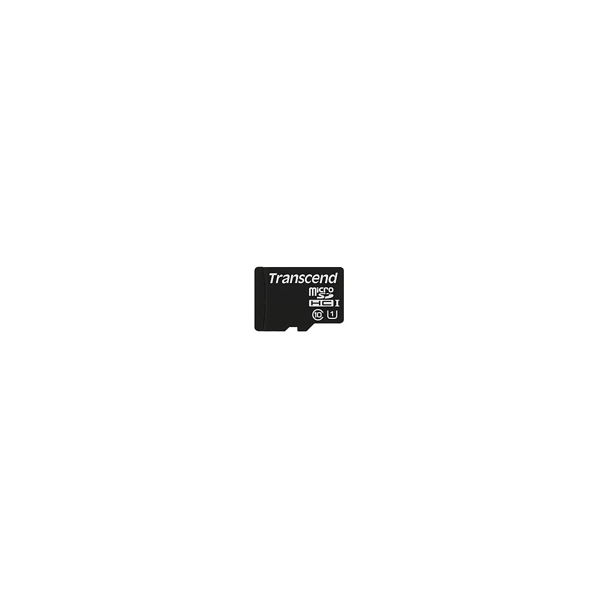 Une carte micro SD Transcend noire avec logo et texte blancs.