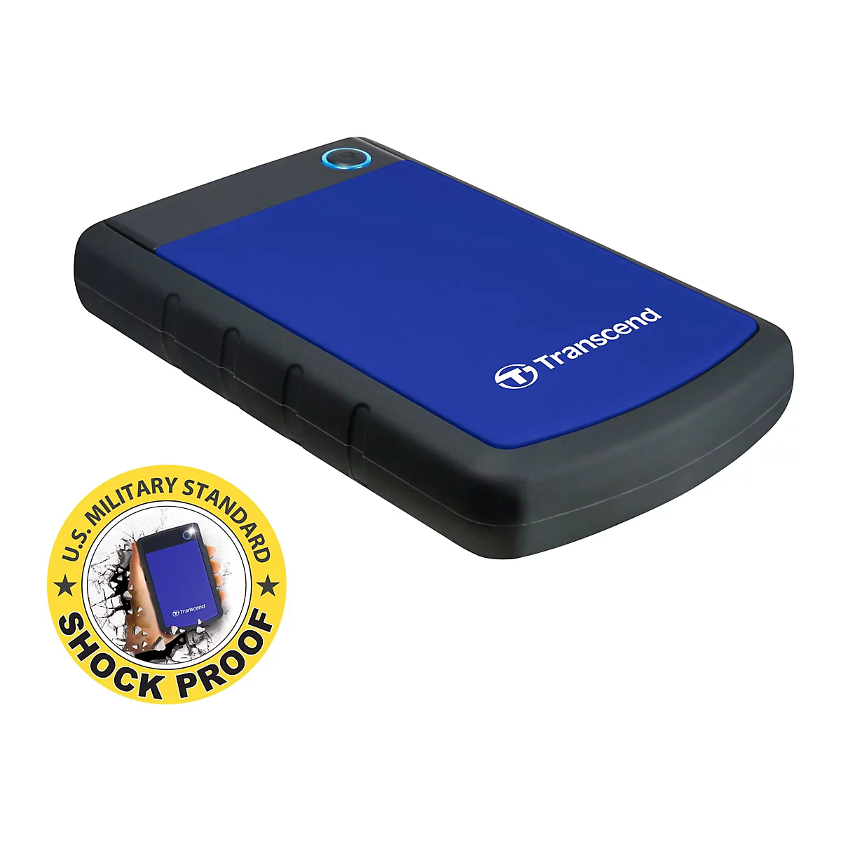 Disque dur externe bleu et noir. Texte "Transcend". Autocollant "Shock Proof".