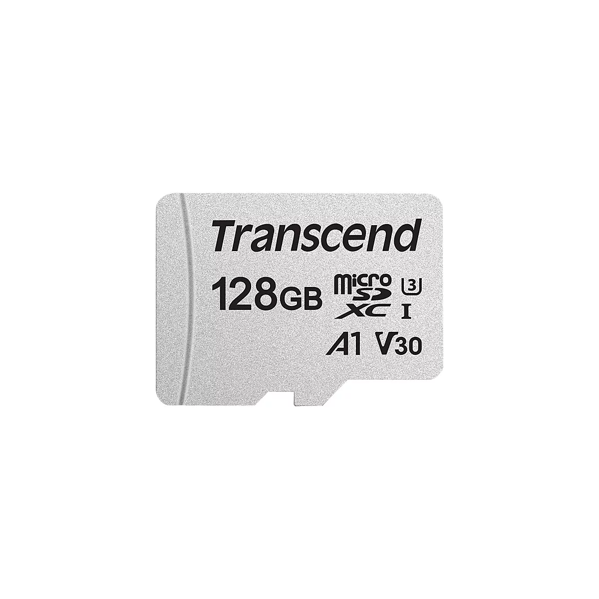 Silberne Transcend microSDXC-Speicherkarte mit 128 GB Kapazität vor neutralem Hintergrund.