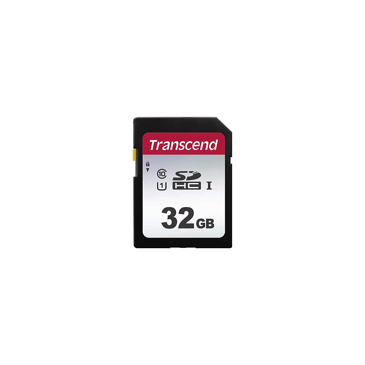 Schwarze Transcend SD-Karte mit rotem Aufkleber und weißem Text. Aufdruck: 32GB.