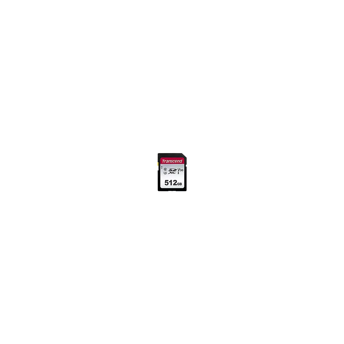 Transcend SDXC Speicherkarte mit 512 GB Kapazität vor weißem Hintergrund.