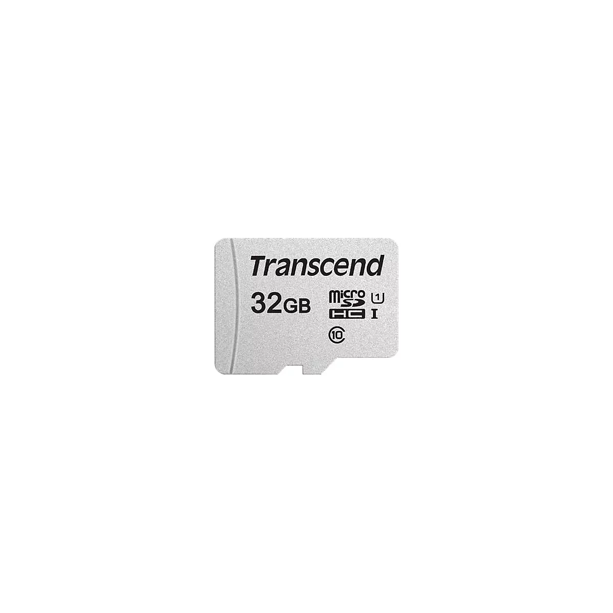 Silberne Transcend microSDHC Speicherkarte mit 32GB Kapazität auf weißem Hintergrund.