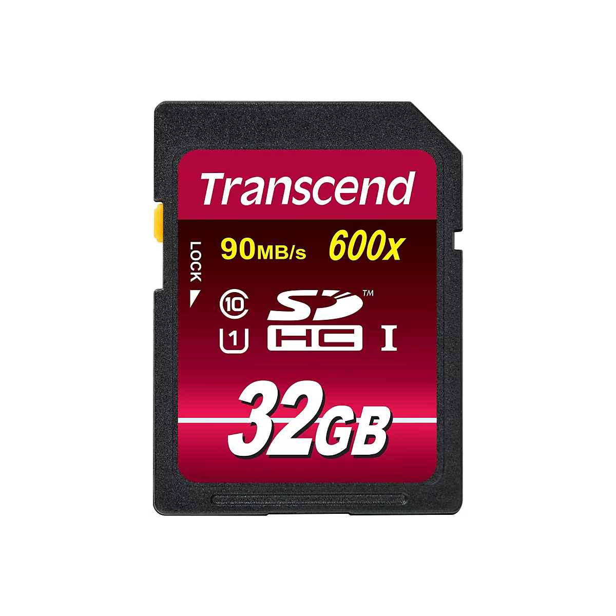 Gros plan sur une carte SD Transcend noire. Inscriptions blanches sur la surface rouge : Transcend, 90MB/s, 600x et 32GB.