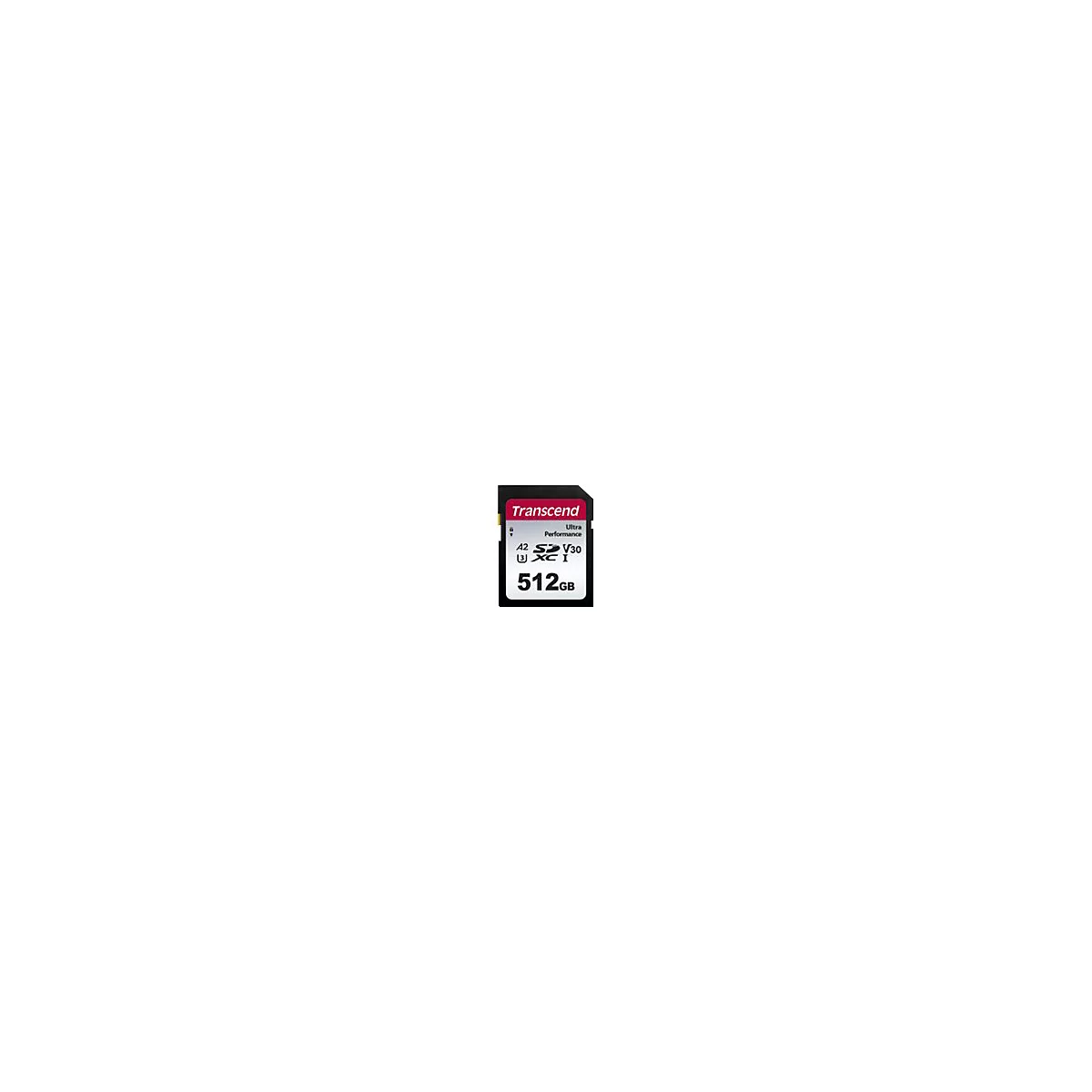 Transcend SD-Speicherkarte mit 512 GB Kapazität auf weißem Hintergrund.