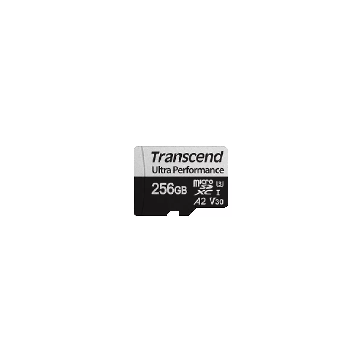Schwarz-silberne Transcend microSD-Speicherkarte mit 256GB Kapazität auf weißem Grund.