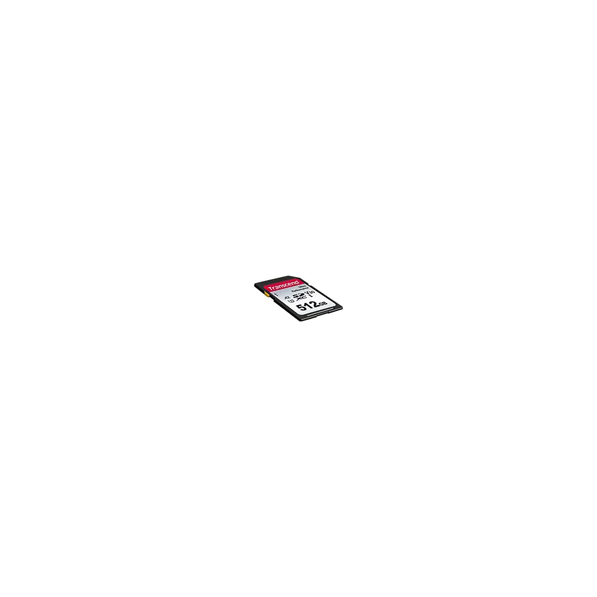 Schwarze Transcend 512GB microSDXC Speicherkarte mit rotem Logo auf weißem Hintergrund.