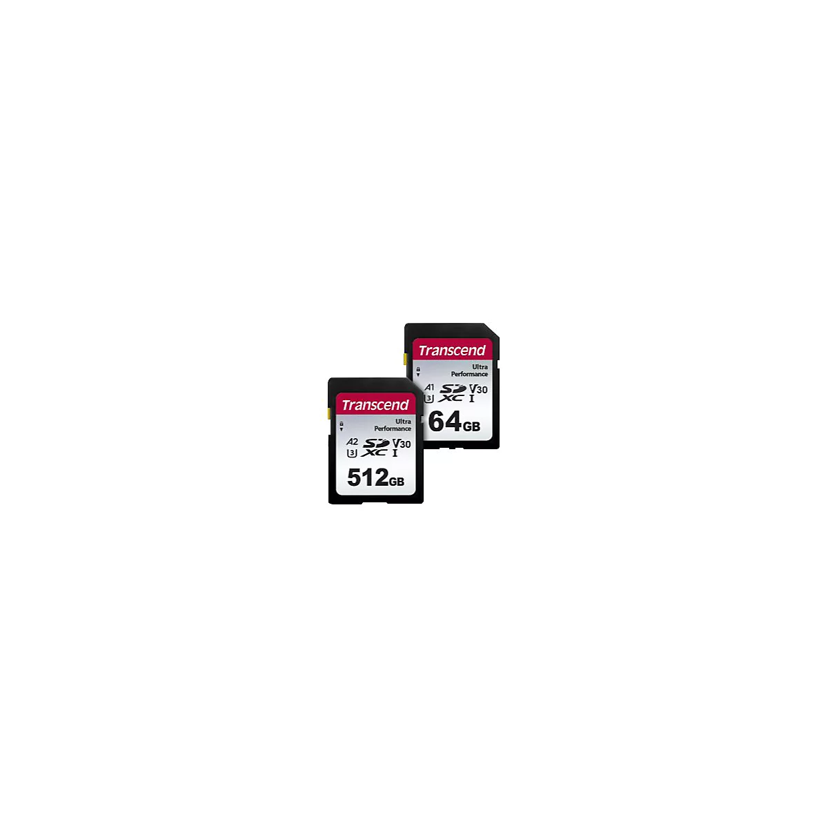 Zwei Transcend SD-Speicherkarten mit 512GB und 64GB Kapazität vor weißem Hintergrund.