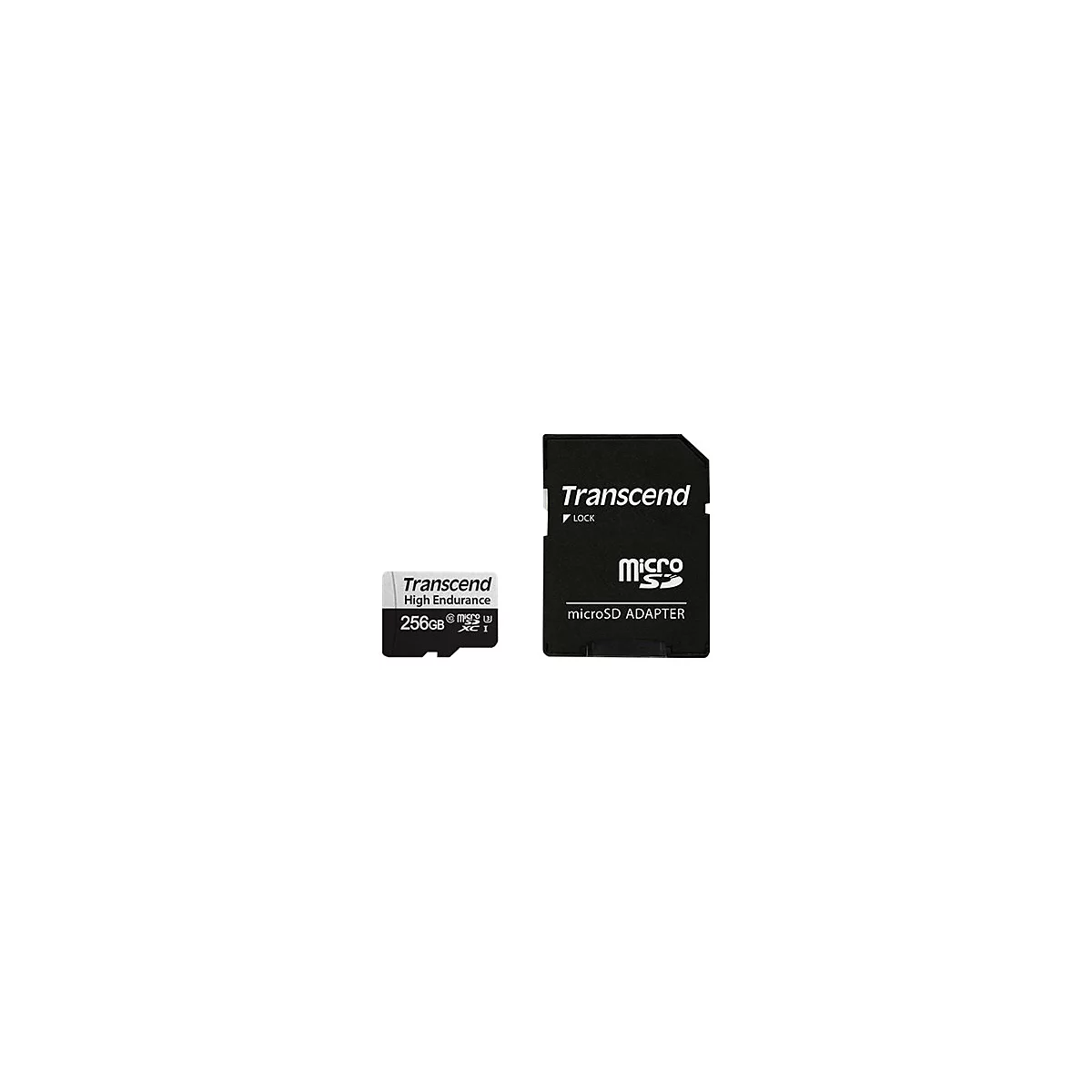 Transcend High Endurance 256GB MicroSD-Karte neben einem schwarzen MicroSD-auf-SD-Kartenadapter.