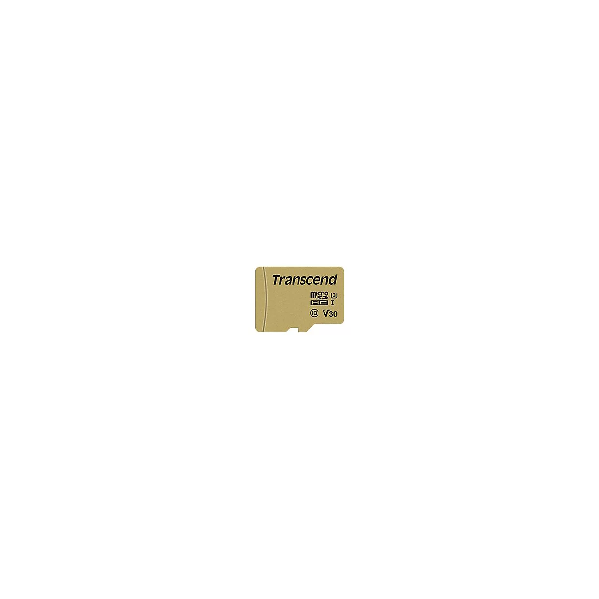 Goldene Transcend MicroSD-Speicherkarte mit Modellbezeichnungen auf weißem Hintergrund.