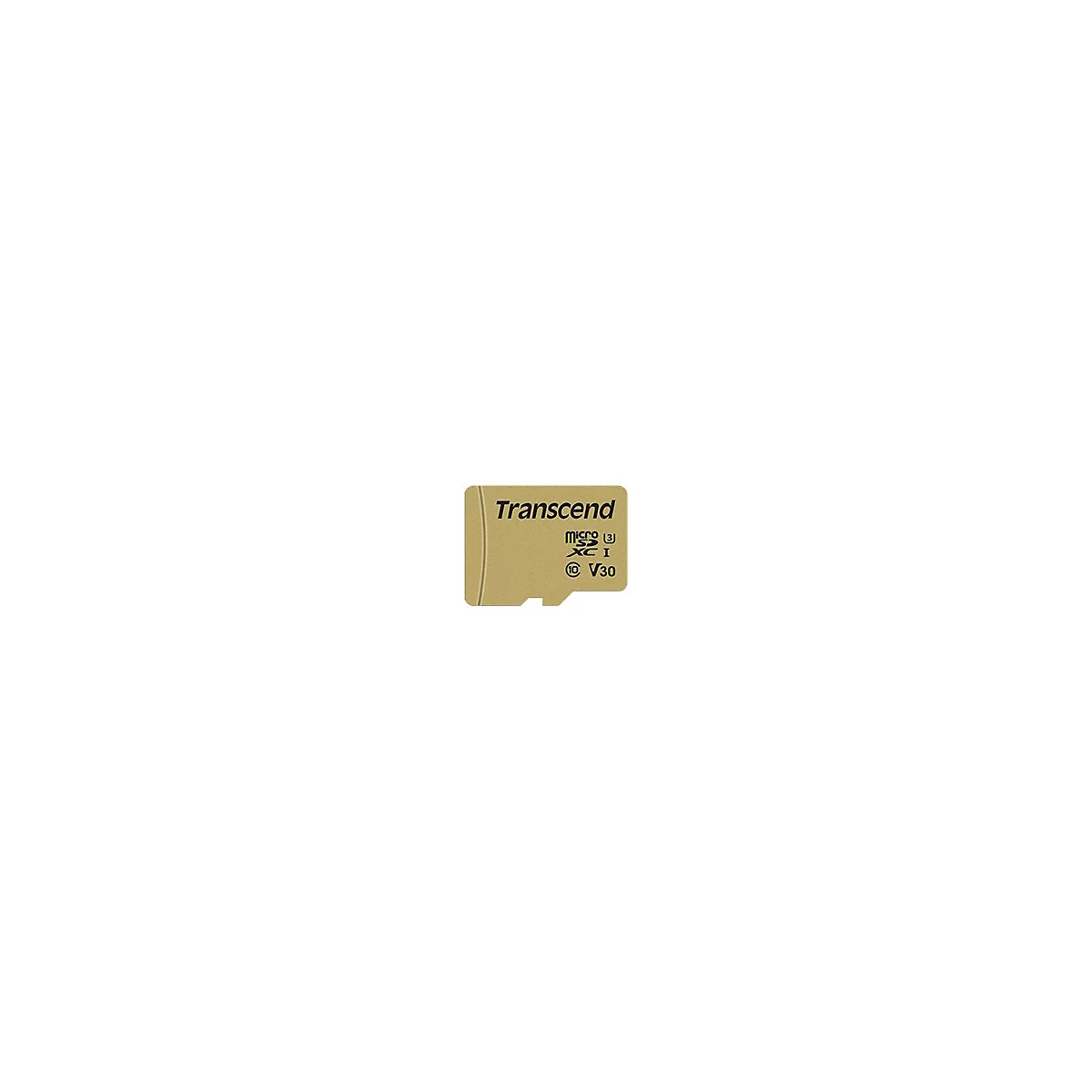 Goldene Transcend Micro SD-Speicherkarte mit Logo und technischen Spezifikationen wie V30 und Class 10.