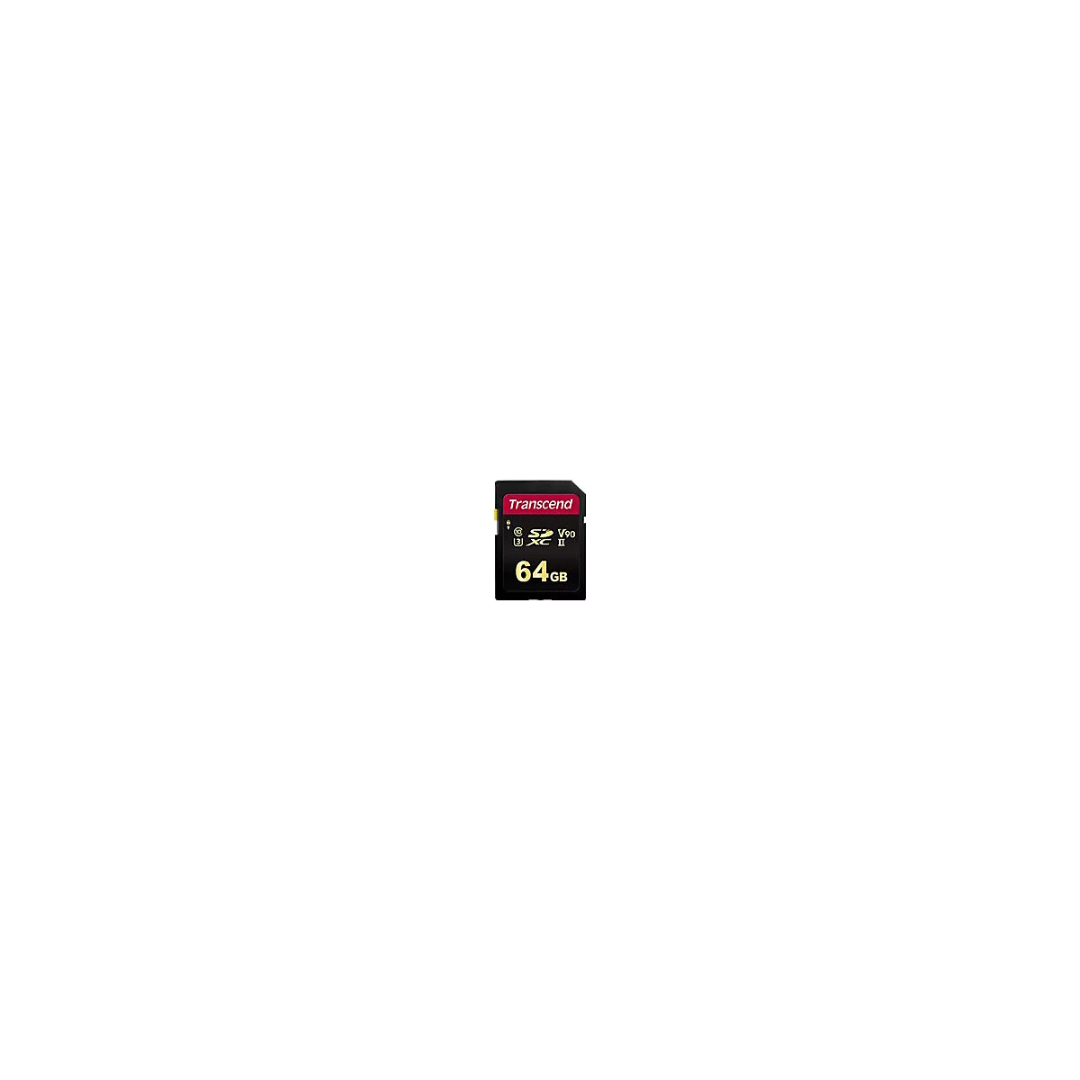 Schwarze Transcend SDXC Speicherkarte mit 64GB, V90 Klassifizierung und goldenem Schriftzug.