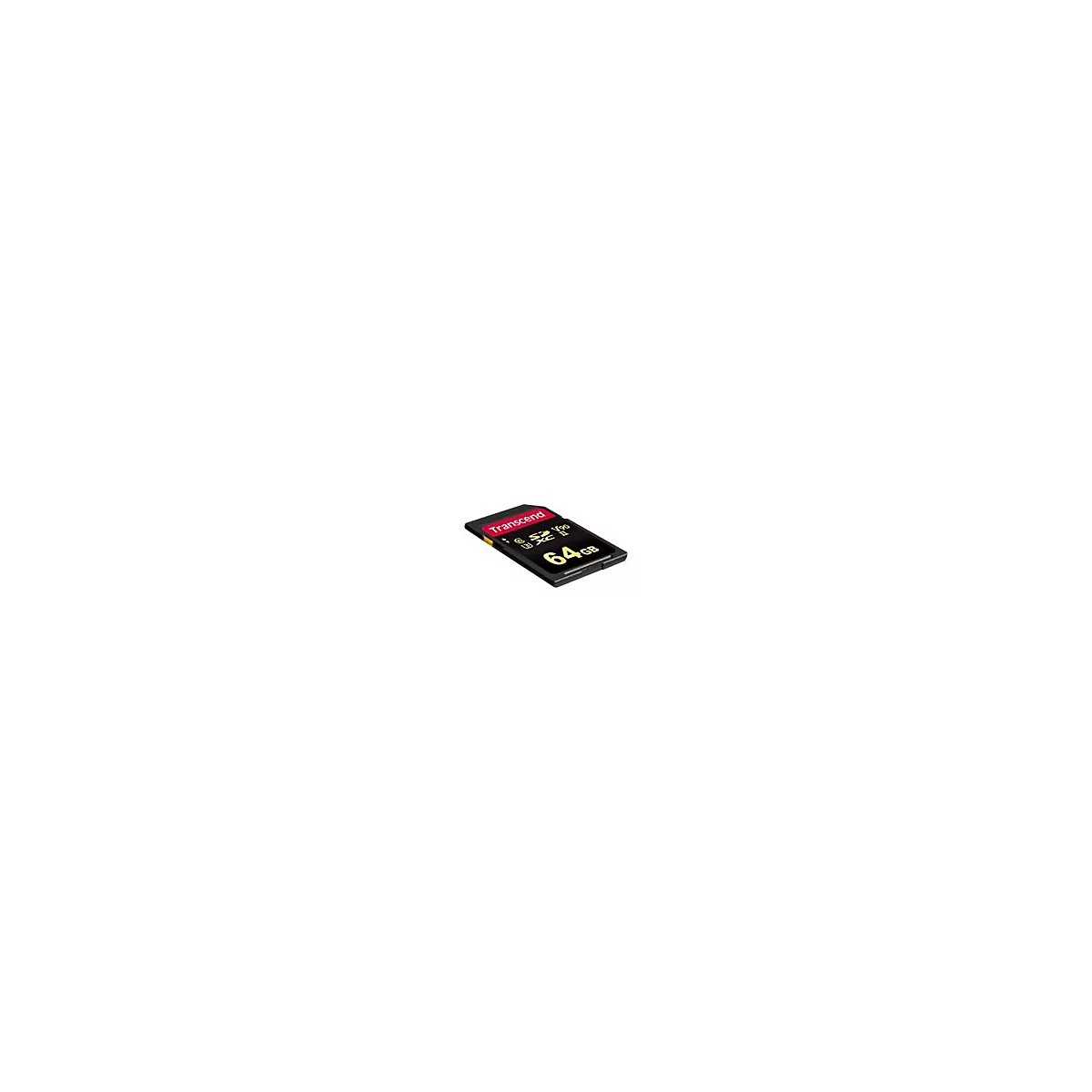 Schwarze Transcend SD-Speicherkarte mit 64 GB Kapazität, V90-Standard und rotem Markenlogo.