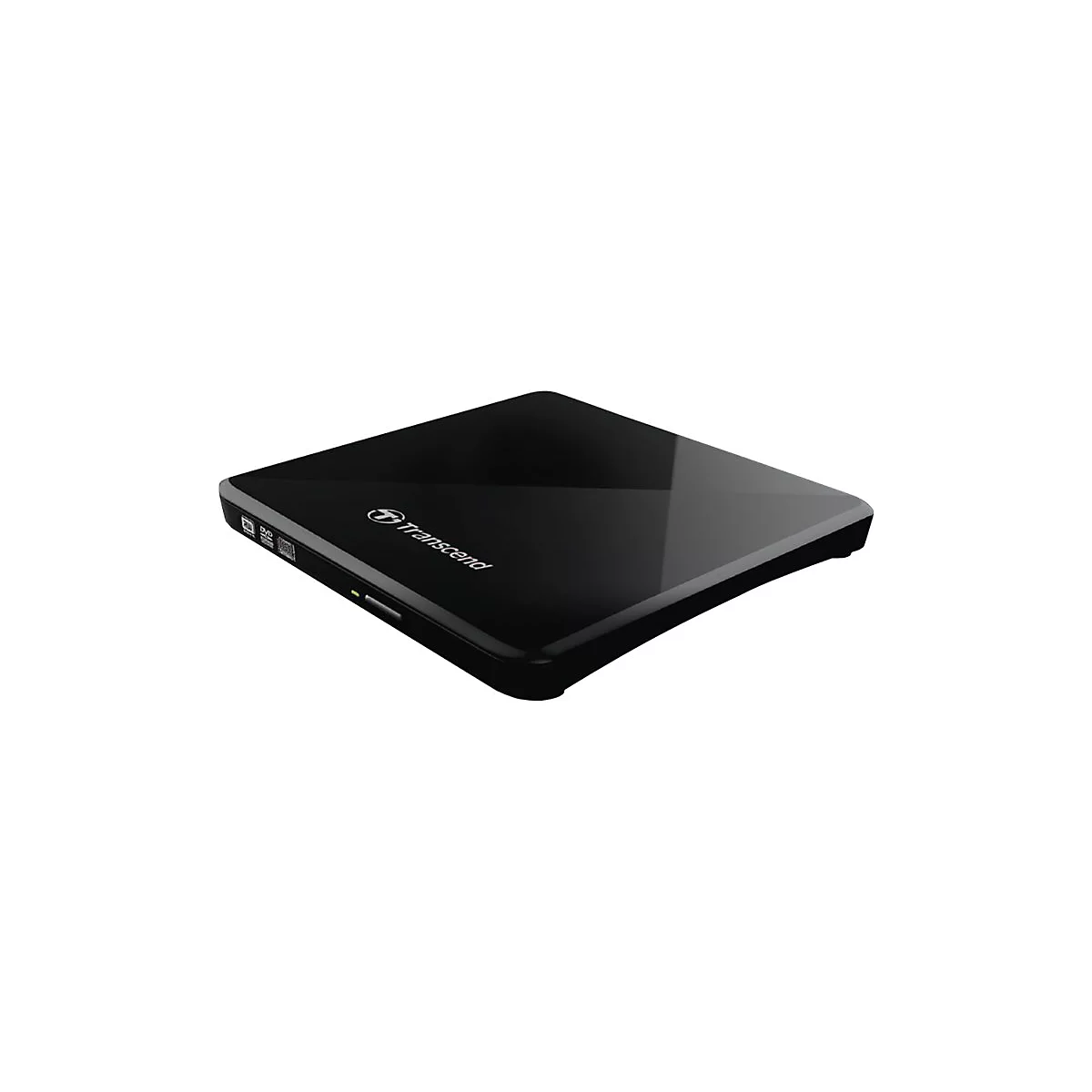 Schwarzes, flaches externes DVD-Laufwerk von Transcend mit glänzender Oberfläche auf weißem Hintergrund.