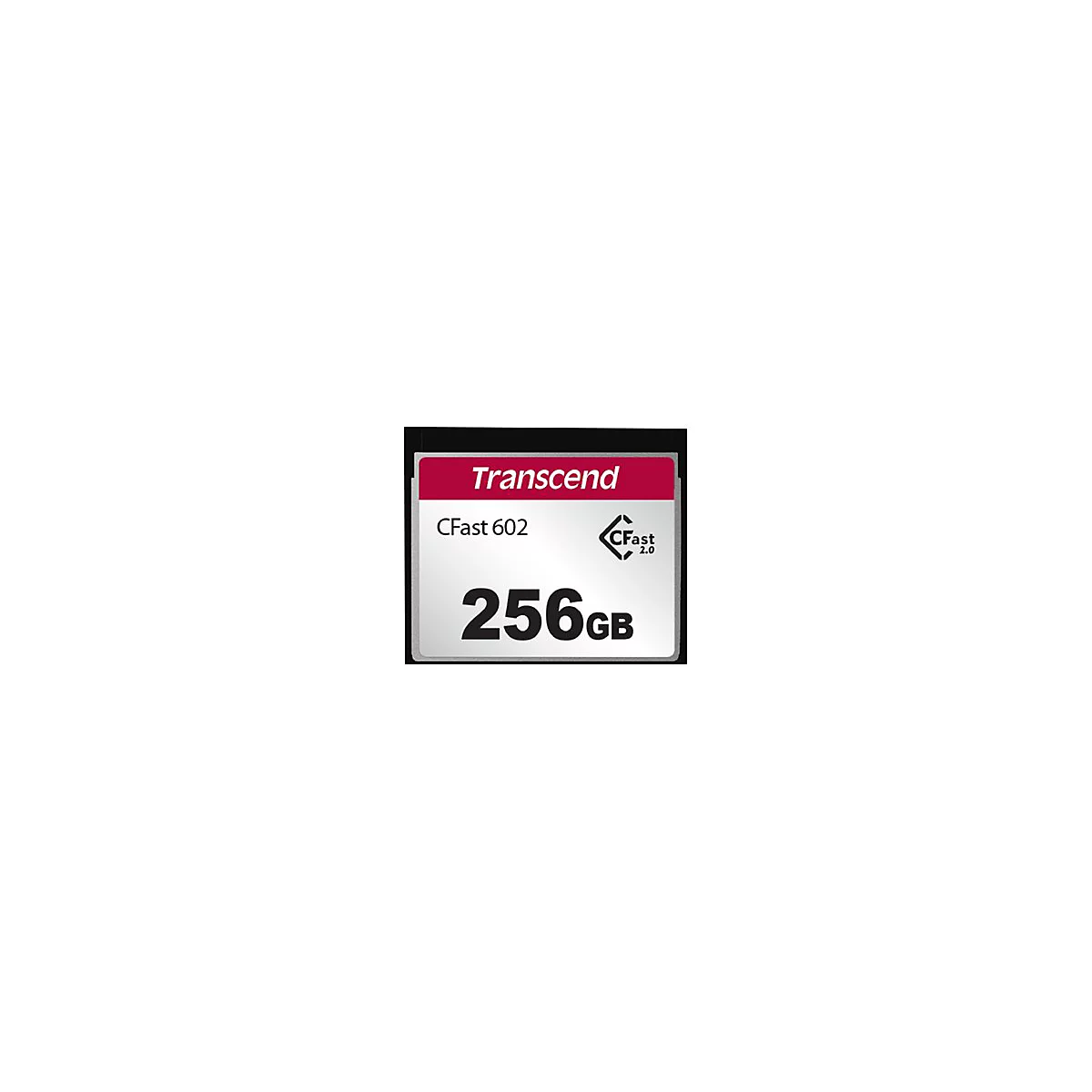 Transcend CFast 2.0 Speicherkarte mit 256 GB Kapazität auf weißem Hintergrund.