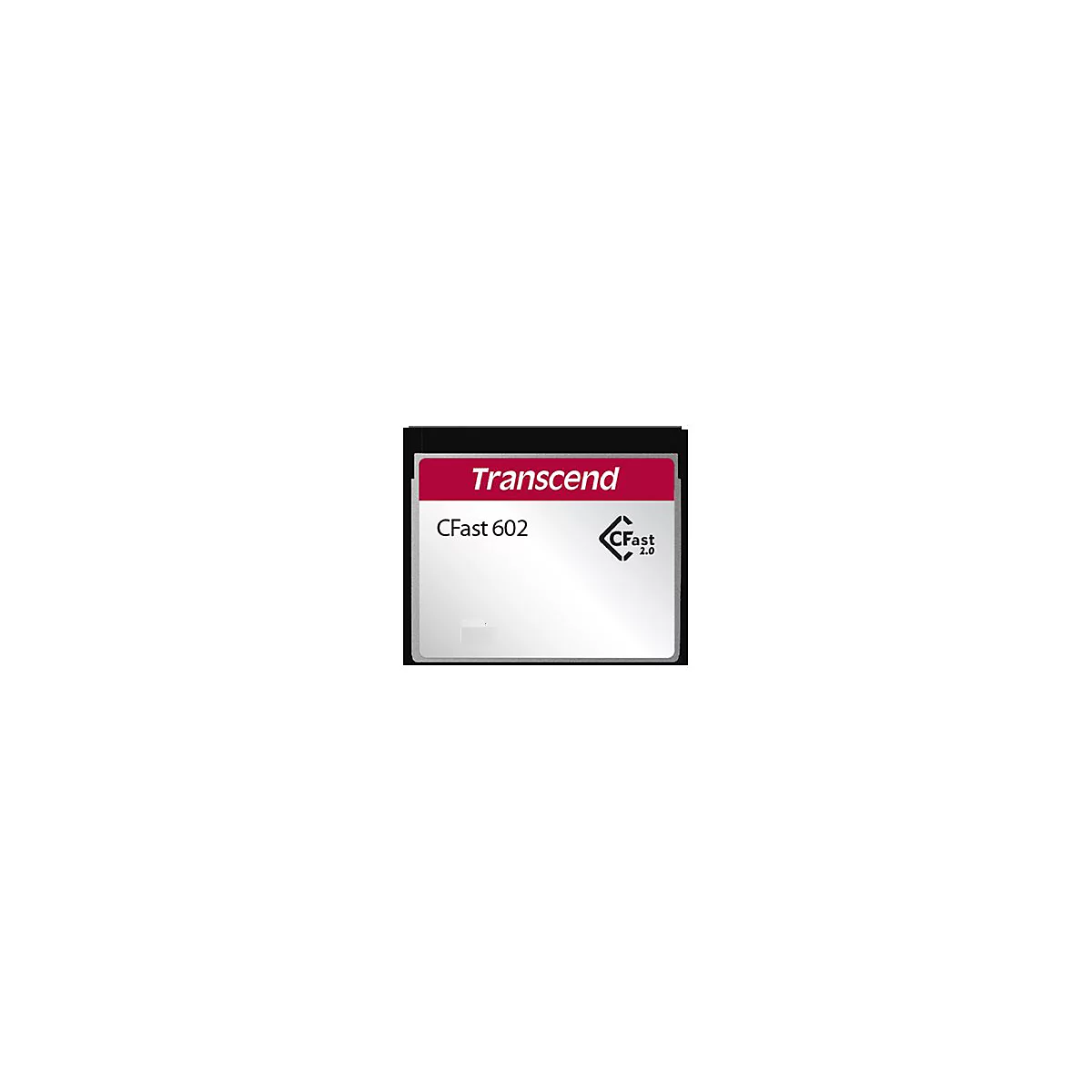 Eine Transcend CFast 602 Speicherkarte mit weißem Gehäuse, rotem Schriftzug und CFast 2.0 Logo.