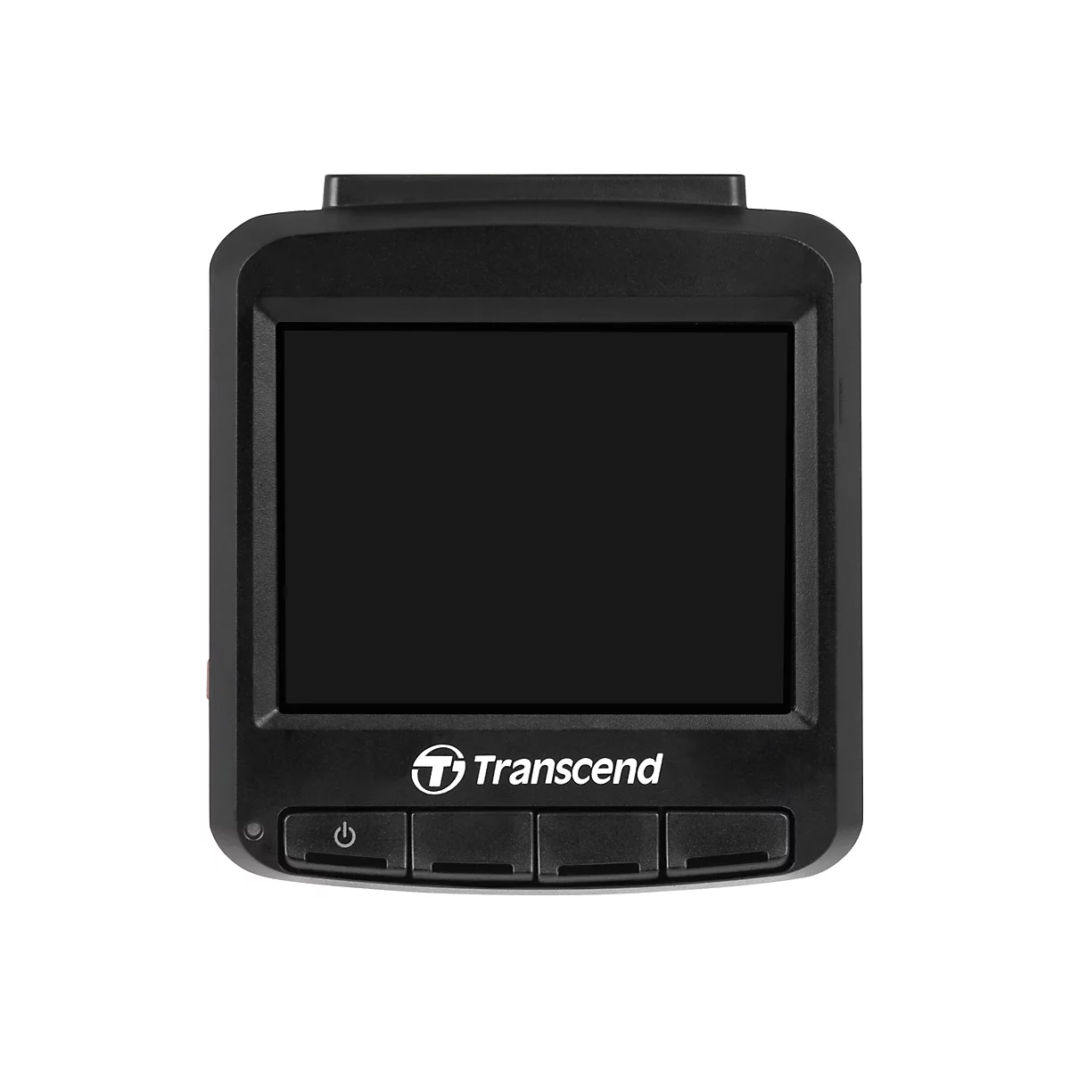 Schwarze Dashcam von Transcend mit Display und vier Tasten unter dem Bildschirm auf weißem Hintergrund.