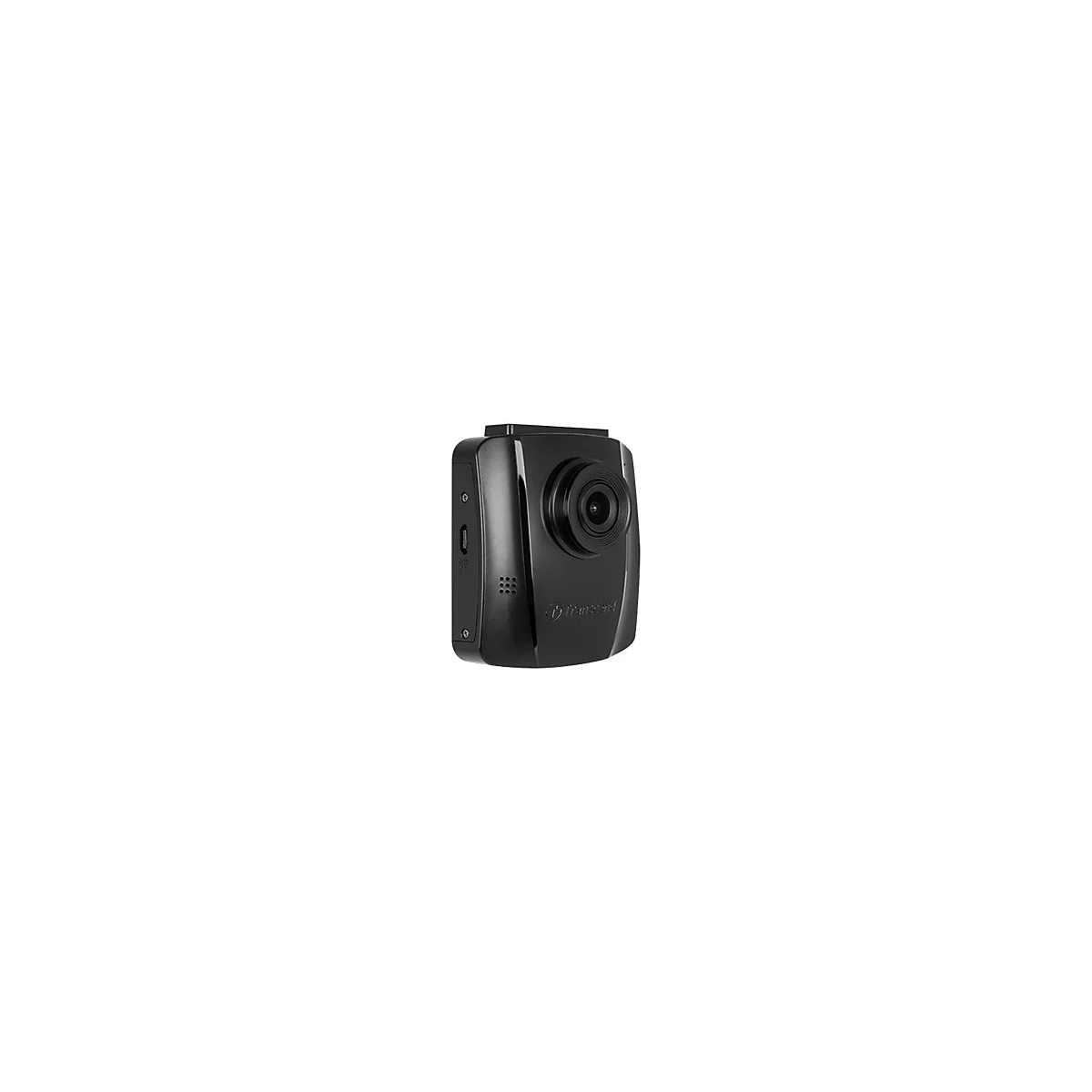 Schwarze Dashcam von Transcend mit markantem Objektiv und Micro-USB-Anschluss vor weißem Hintergrund.