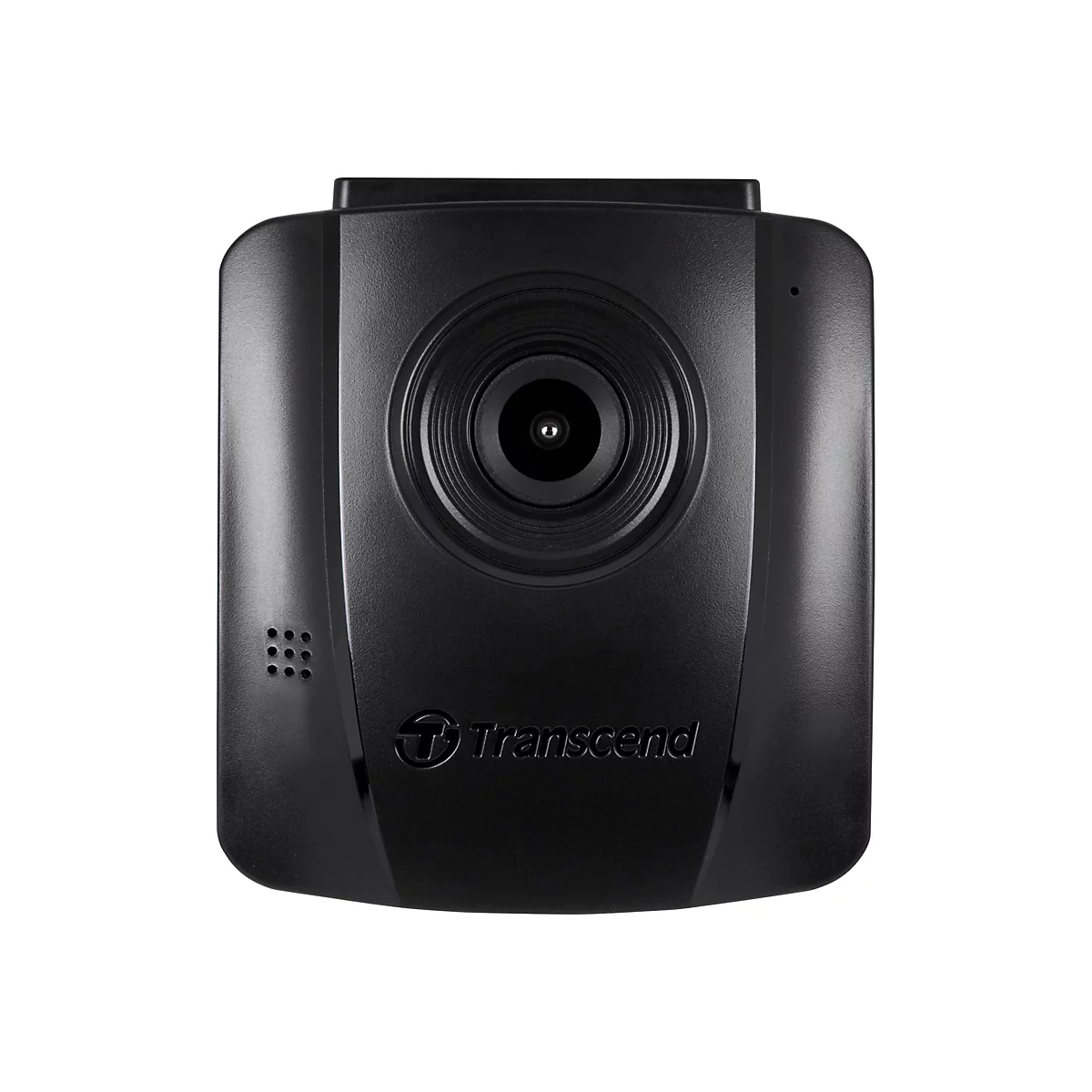 Schwarze Dashcam mit Objektiv, Logo und Details.