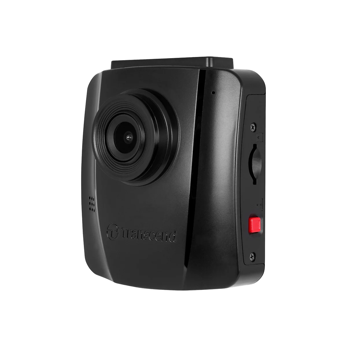 Schwarze Transcend Dashcam in Frontansicht vor weißem Hintergrund.