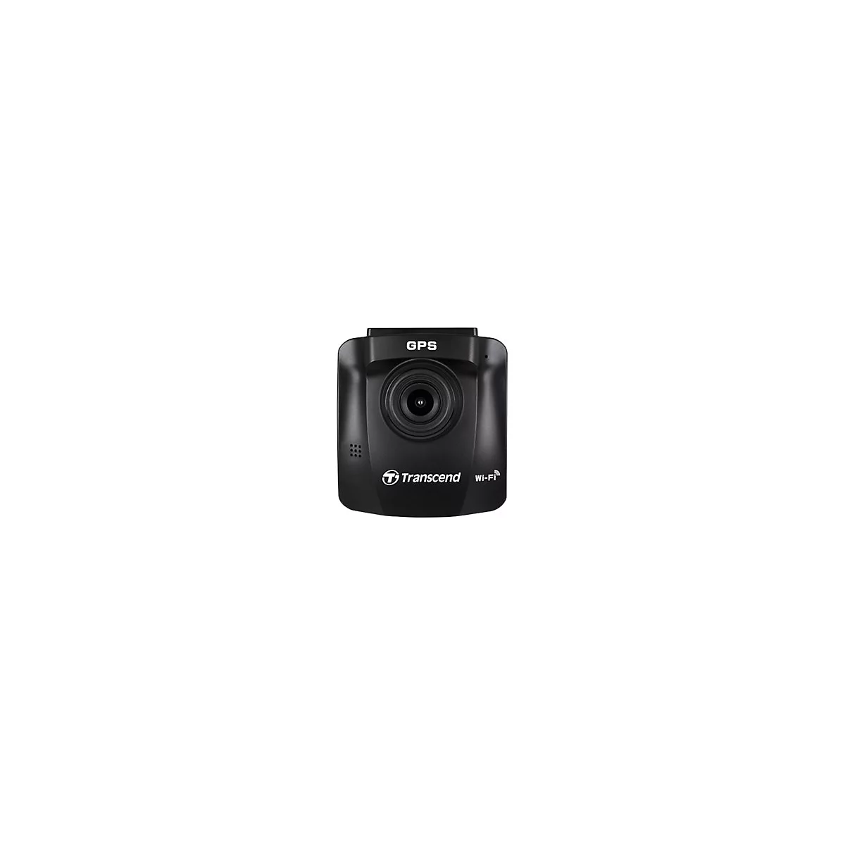 Schwarze Dashcam mit Objektiv. Oben steht GPS, unten das Transcend-Logo und Wi-Fi-Symbol.