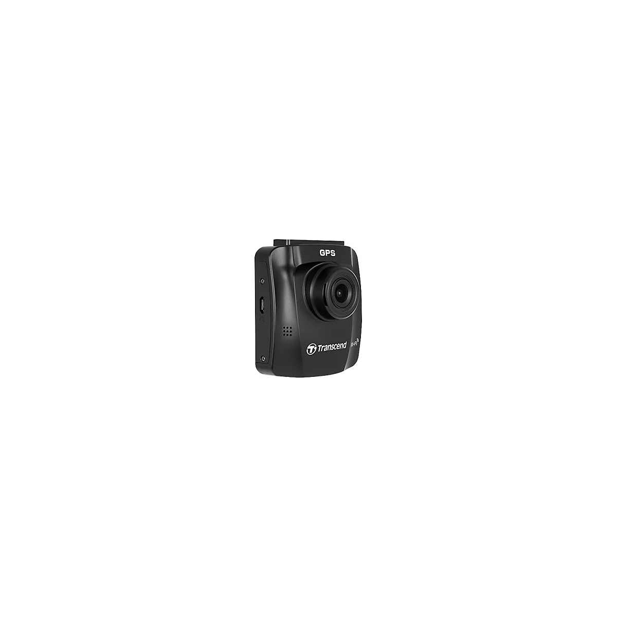 Schwarze Dashcam mit Objektiv, GPS- und Wi-Fi-Beschriftung. Das Logo von Transcend ist deutlich sichtbar.