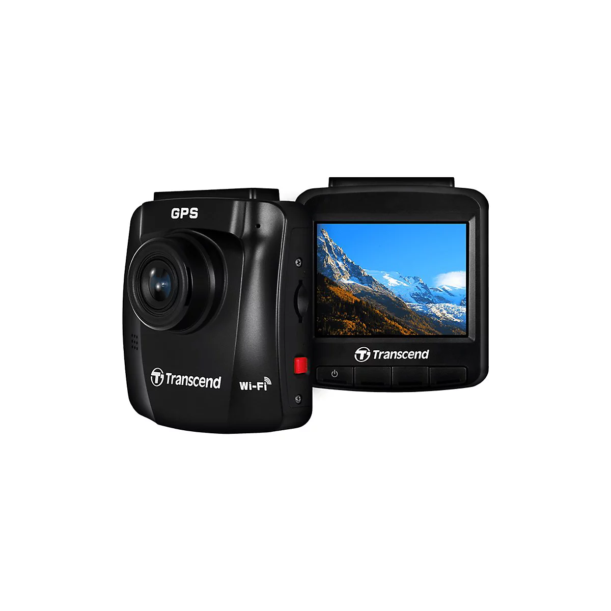 Schwarze Dashcam mit GPS, Wi-Fi und Display. Auf dem Display Gebirgslandschaft. Marke: Transcend.