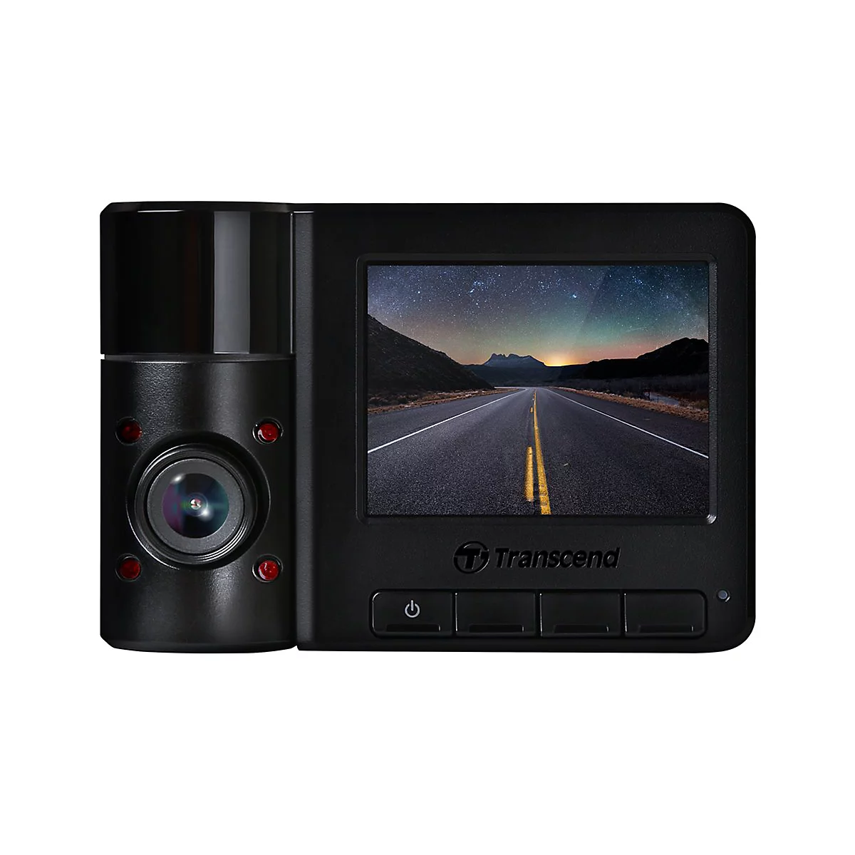 Schwarze Dashcam, zeigt ein Bild einer StraÃŸe unter einem Sternenhimmel. Sie hat einen Bildschirm und Kamera.