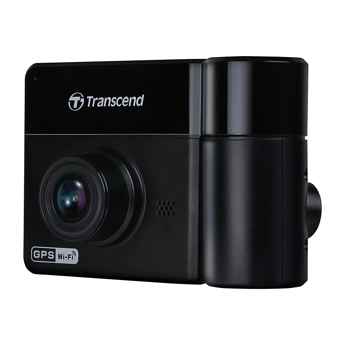 Schwarze Dashcam mit "Transcend"-Logo, Objektiv und "GPS Wi-Fi" Aufschrift.