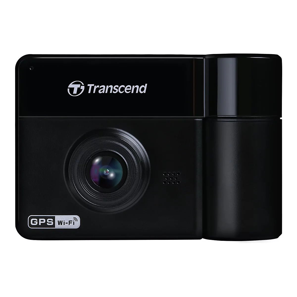 Schwarze Dashcam mit Objektiv, Logo 'Transcend' und Aufschrift 'GPS Wi-Fi'.
