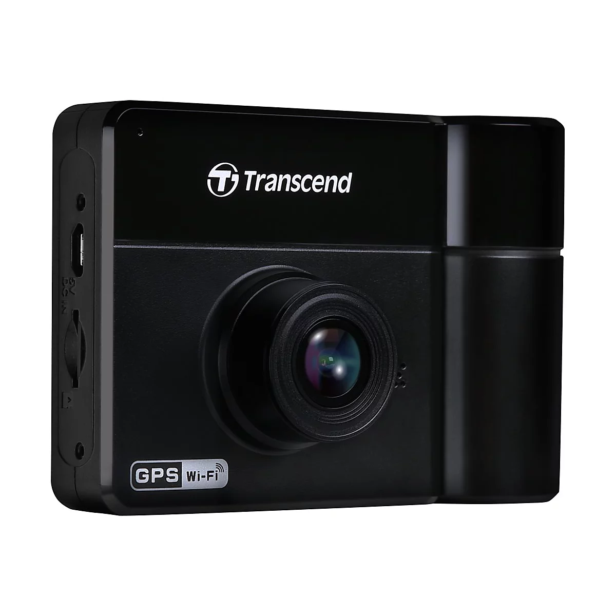 Schwarze Dashcam mit Objektiv, Logo "Transcend" und Aufschrift "GPS Wi-Fi".