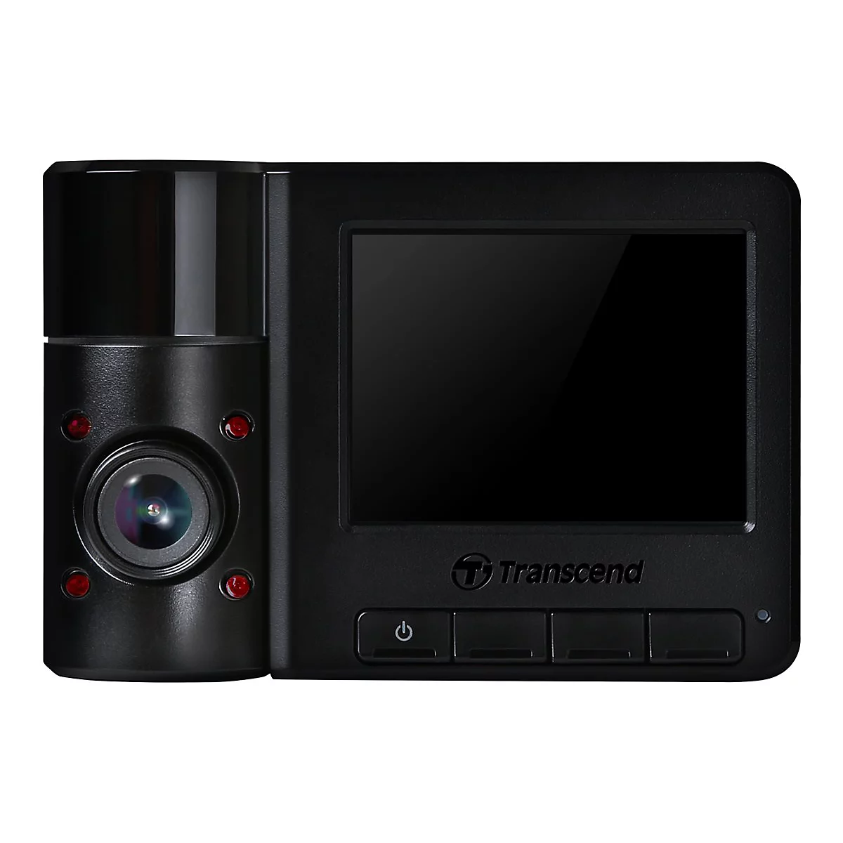 Schwarze Dashcam mit Bildschirm und Kamera, Logo 'Transcend'.