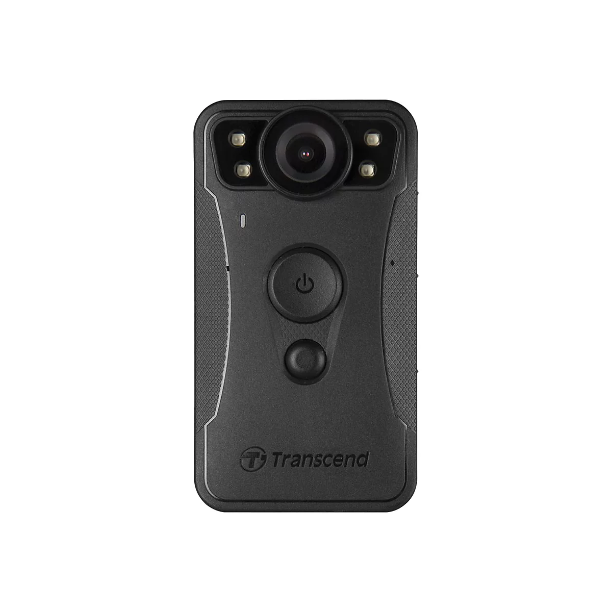 Schwarze Transcend Bodycam mit Kameraobjektiv, LEDs und zentralen Tasten auf weißem Hintergrund.